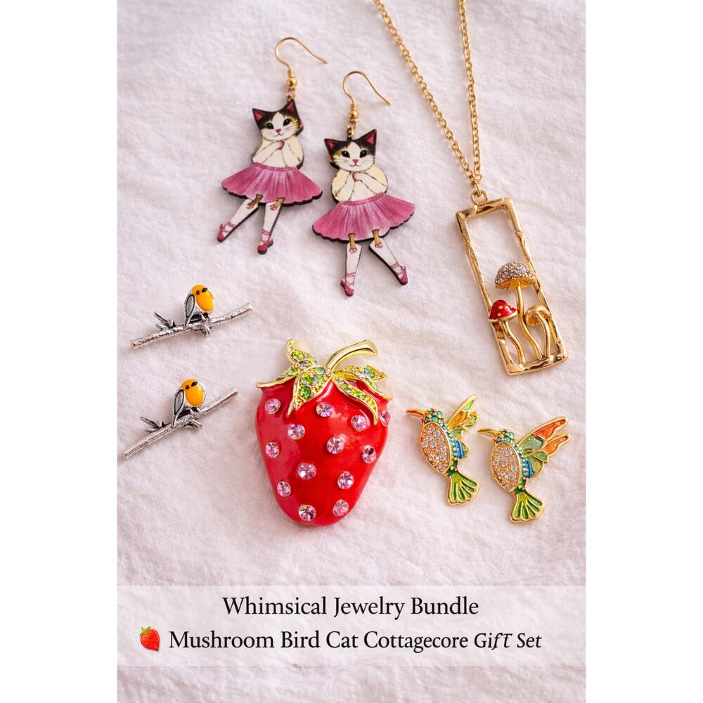Whimsical Jewelry Bundle Strawberry Cat Mushroom Bird Cottagecore Gift Set 5 NEW